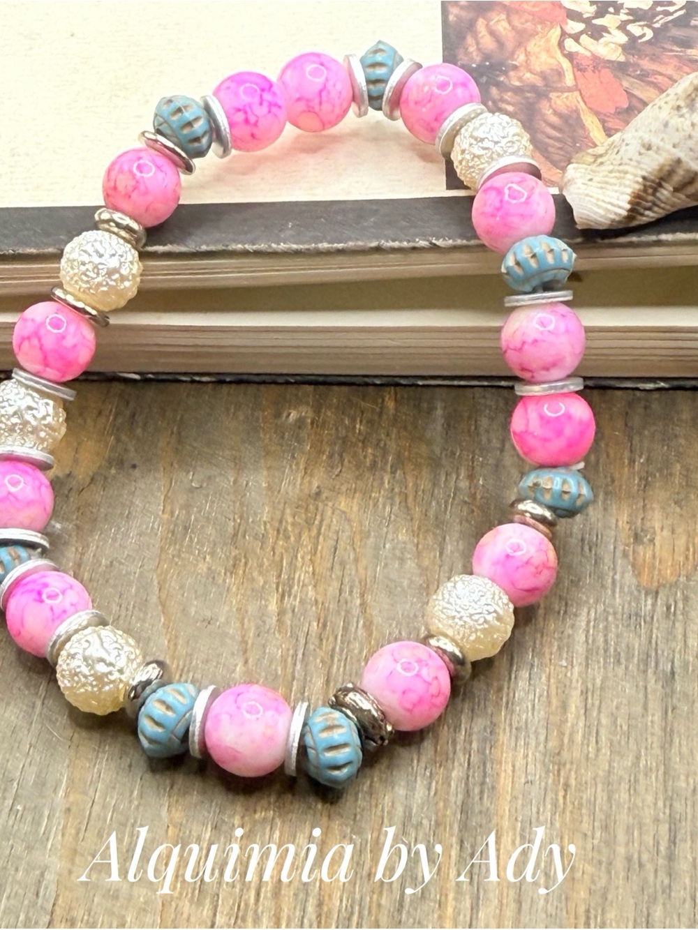 AGATE + QUARTZ Hot Pink Multi-Strand Beaded Bracelet Set with Pegasus Charm - Picture 6 of 9
